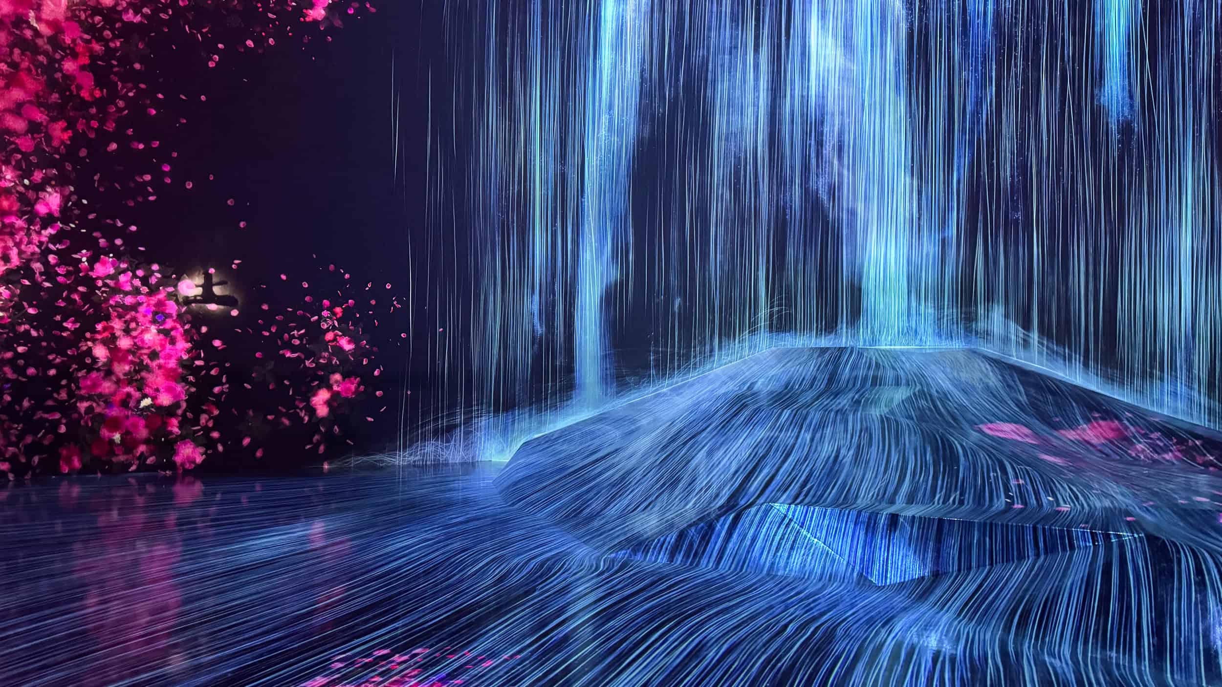 Teamlab Borderless Waterfall room or "Universe of Water Particles on a Rock where People Gather"